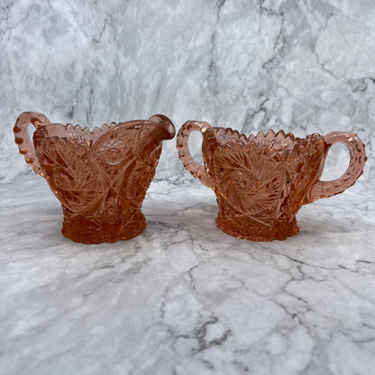 EAPG Imperial Pink Glass "Whirling Star" Sugar And Creamer, Saw Tooth TI6