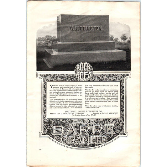c1920 Harper's Ad - Granite Tombstones Botwell, Milne & Varnum Montpelier EA3