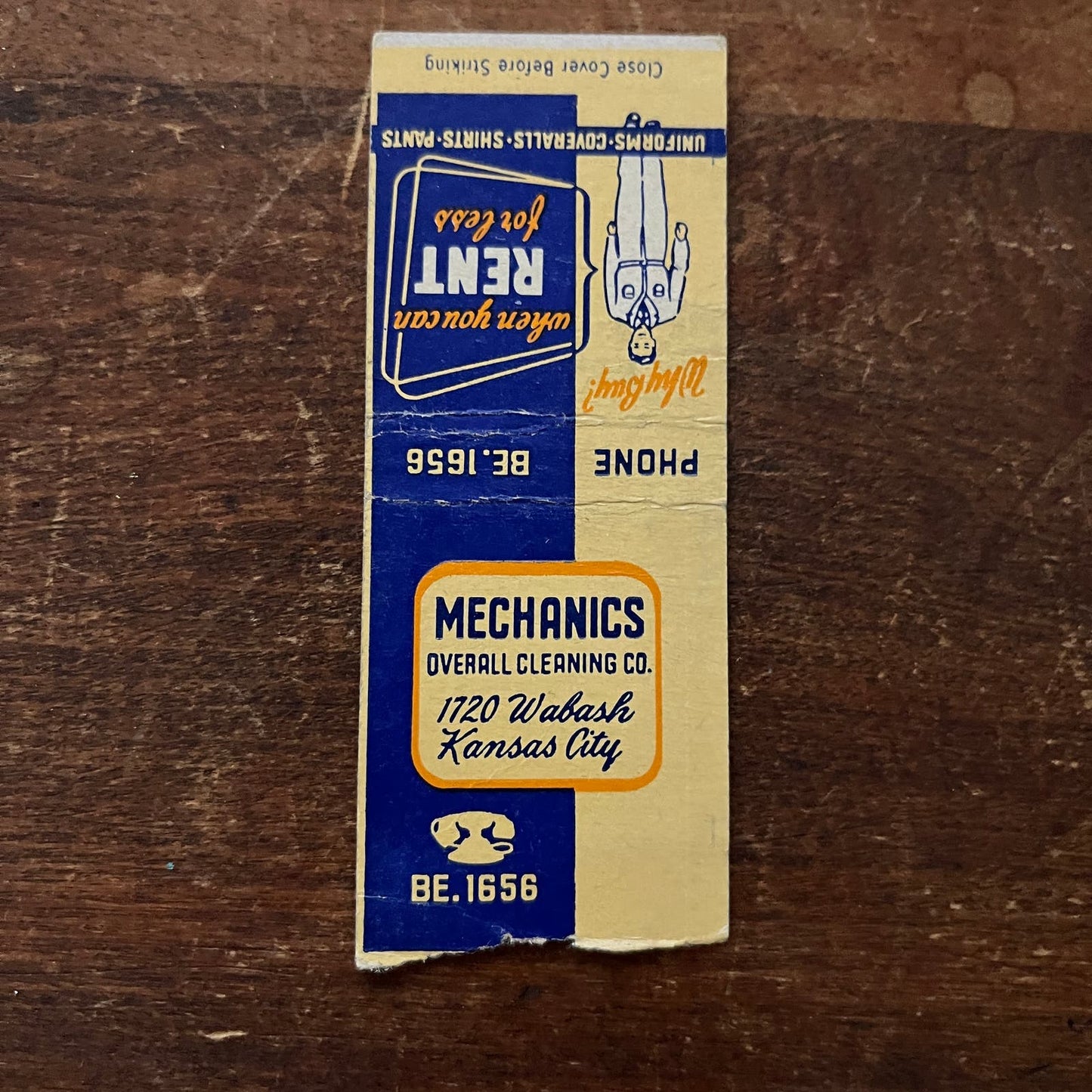 Mechanics Overall Cleaning Co Kansas City MO Advertising Matchbook Cover SA9-M13