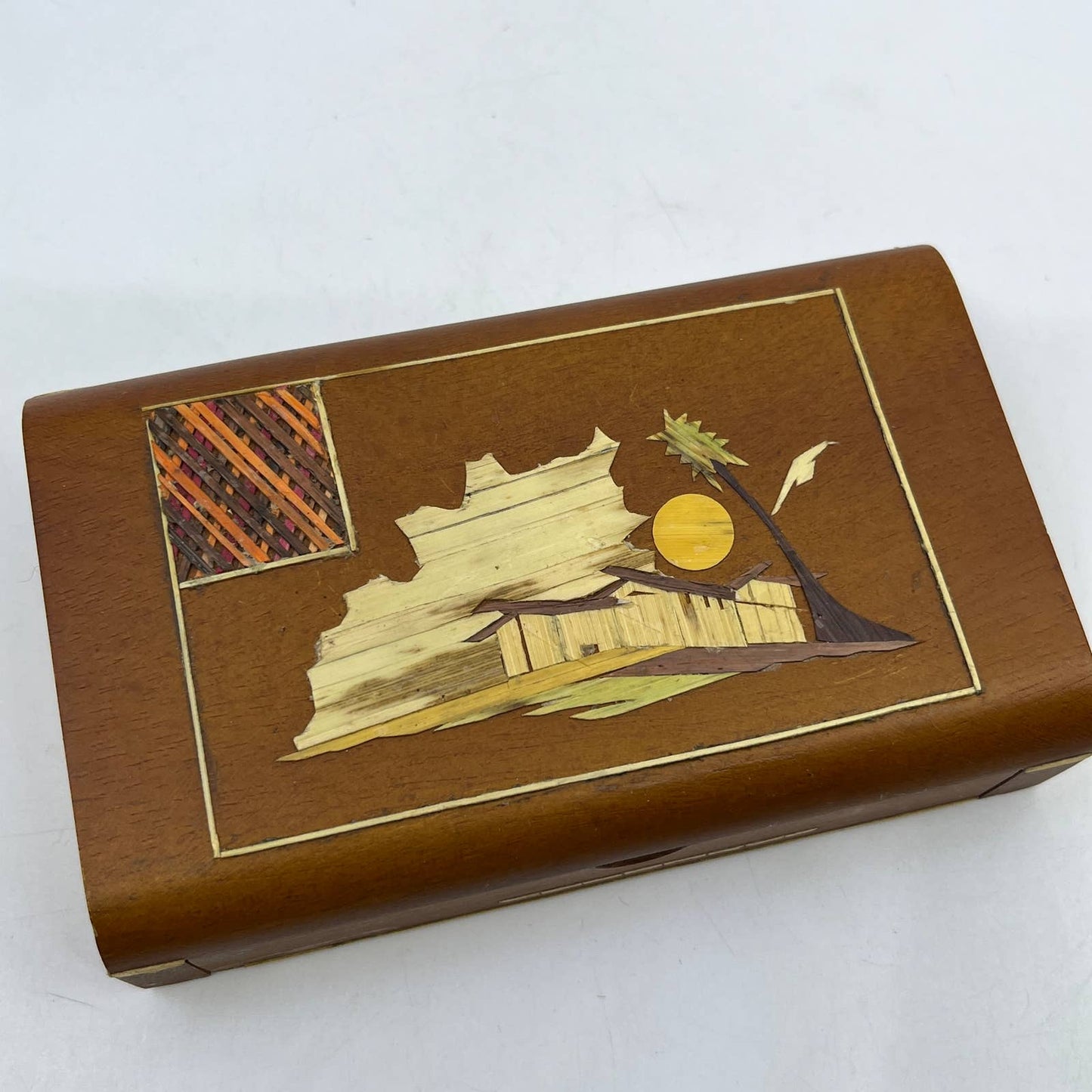 Vintage Handmade Wooden Trinket  Box Art Inlays 5” Wood Colombo 5x3" TH7