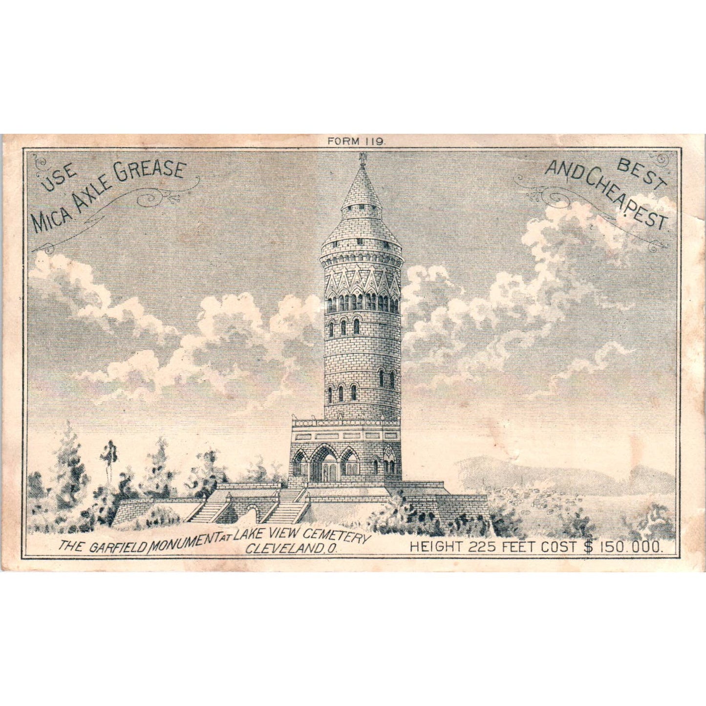 1880s Trade Card Mica Axle Grease Garfield Monument Nelson & Larson Galva IL SE8