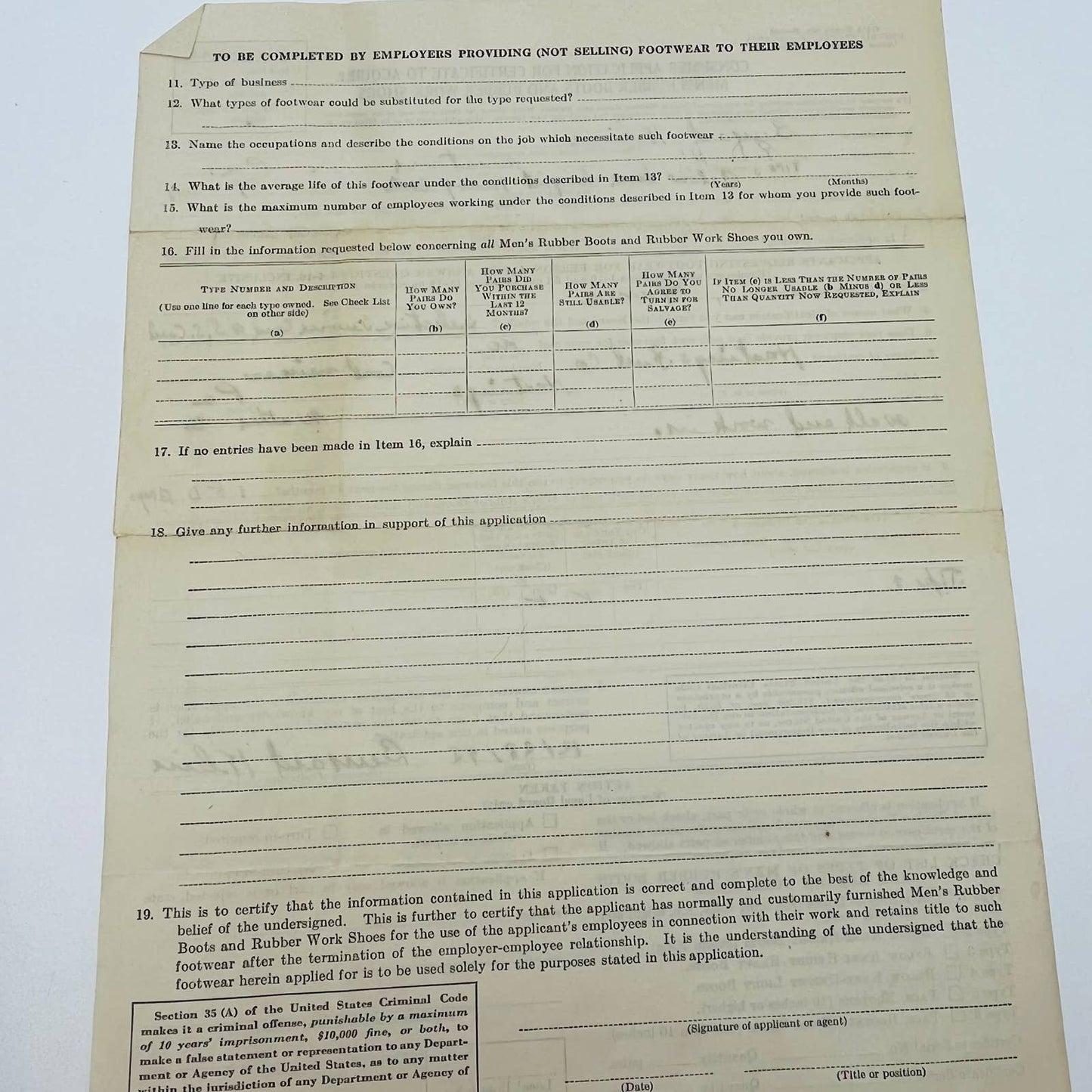 1942 OPA Application to Acquire Rubber Boots Bernard Klein Westover PA D3