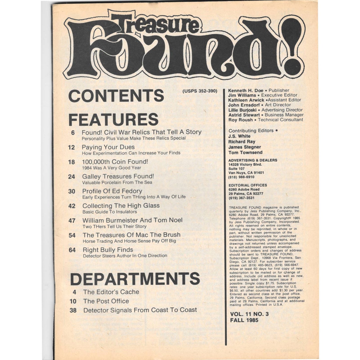 Treasure Found! Magazine 1985 Fall Metal Detecting Gold Diamonds M2