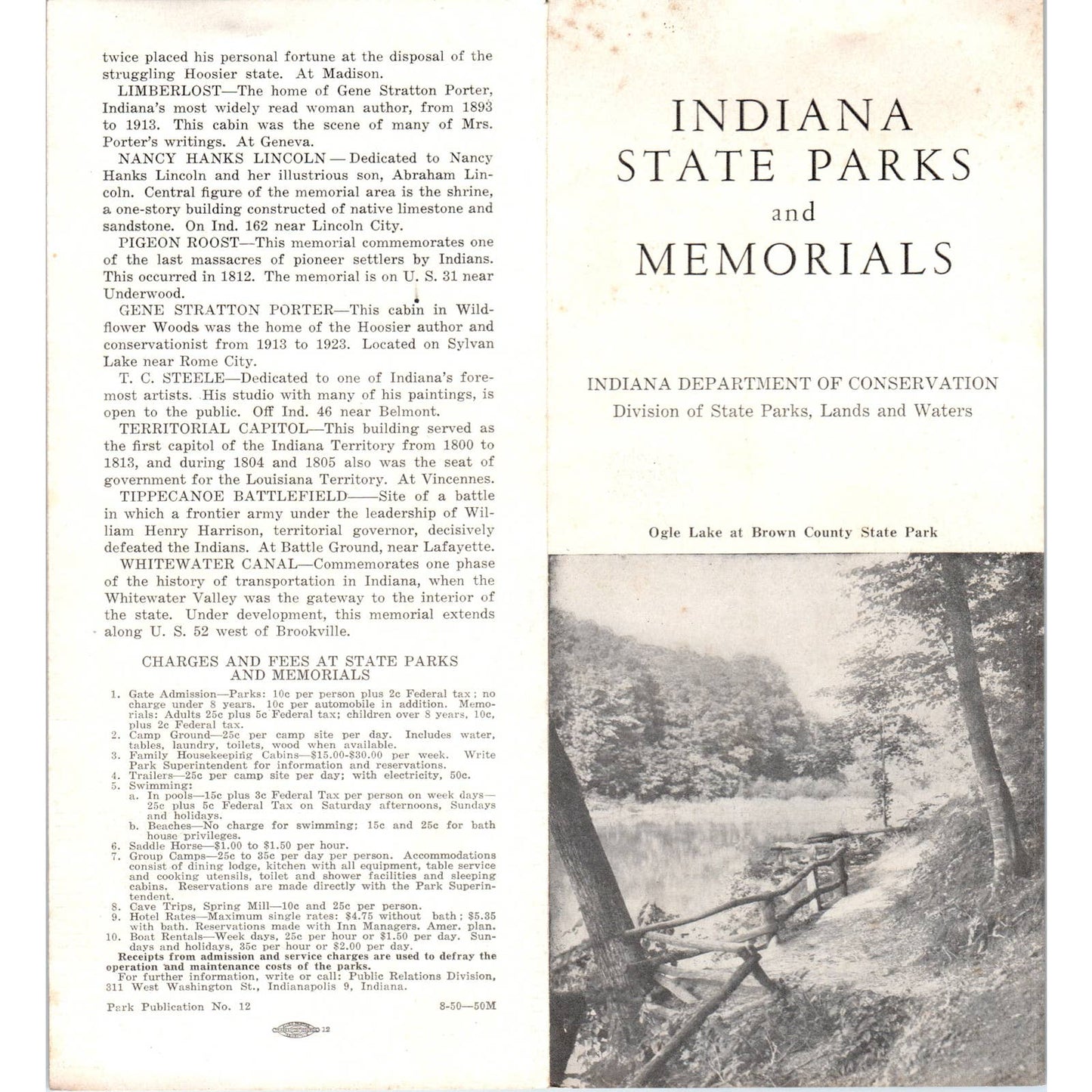 1950s Indiana State Parks and Memorials Ogle Lake Fold Out Travel Brochure SE3-4