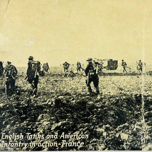 c1918 Postcard WWI English Tanks and American Inventory in Action France PA9
