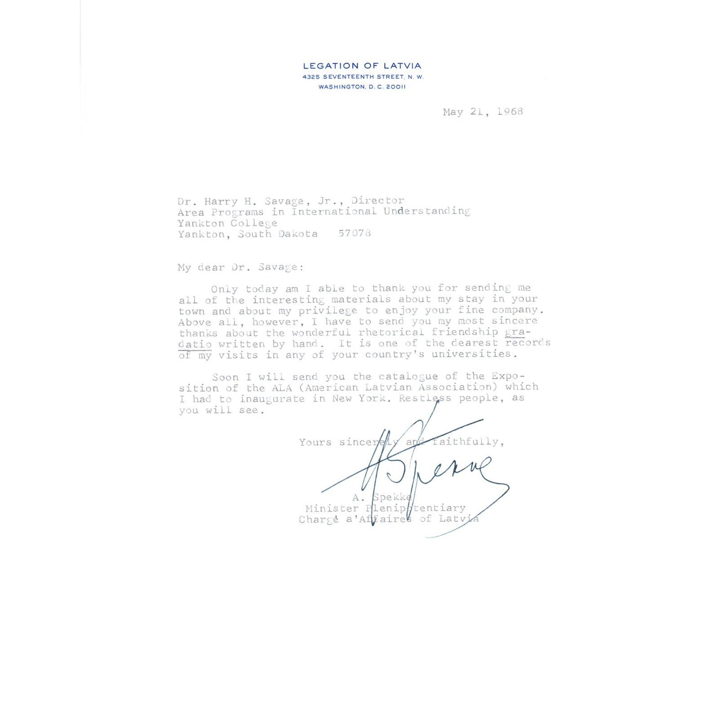 Legation of Latvia Official Letterhead Memo A. Spekke May 1968 TK1-P8