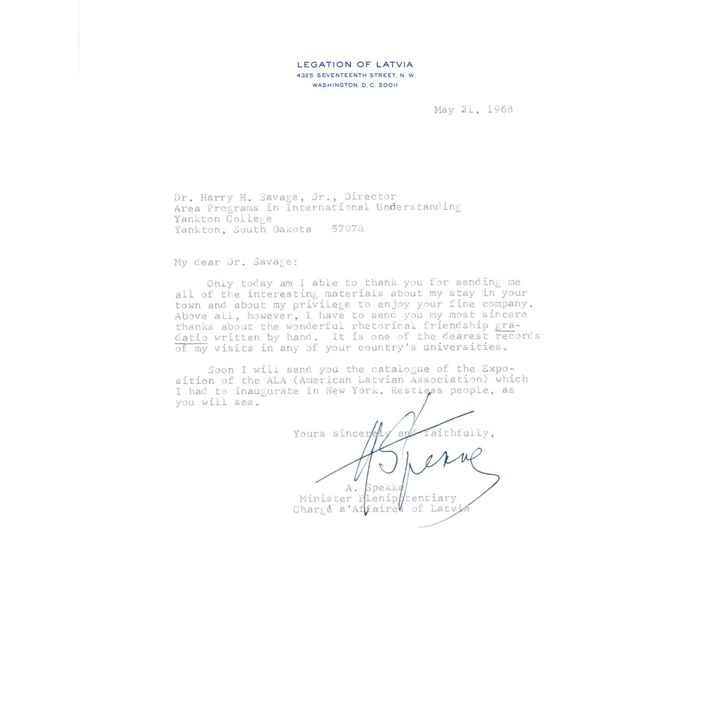 Legation of Latvia Official Letterhead Memo A. Spekke May 1968 B13