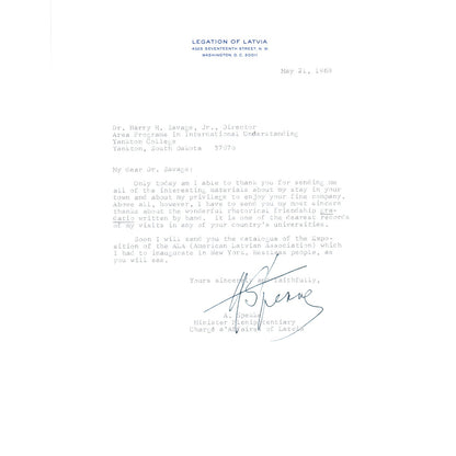 Legation of Latvia Official Letterhead Memo A. Spekke May 1968 B13