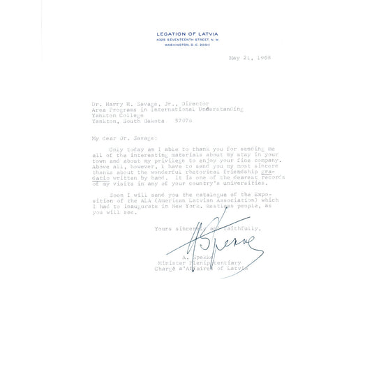 Legation of Latvia Official Letterhead Memo A. Spekke May 1968 B13