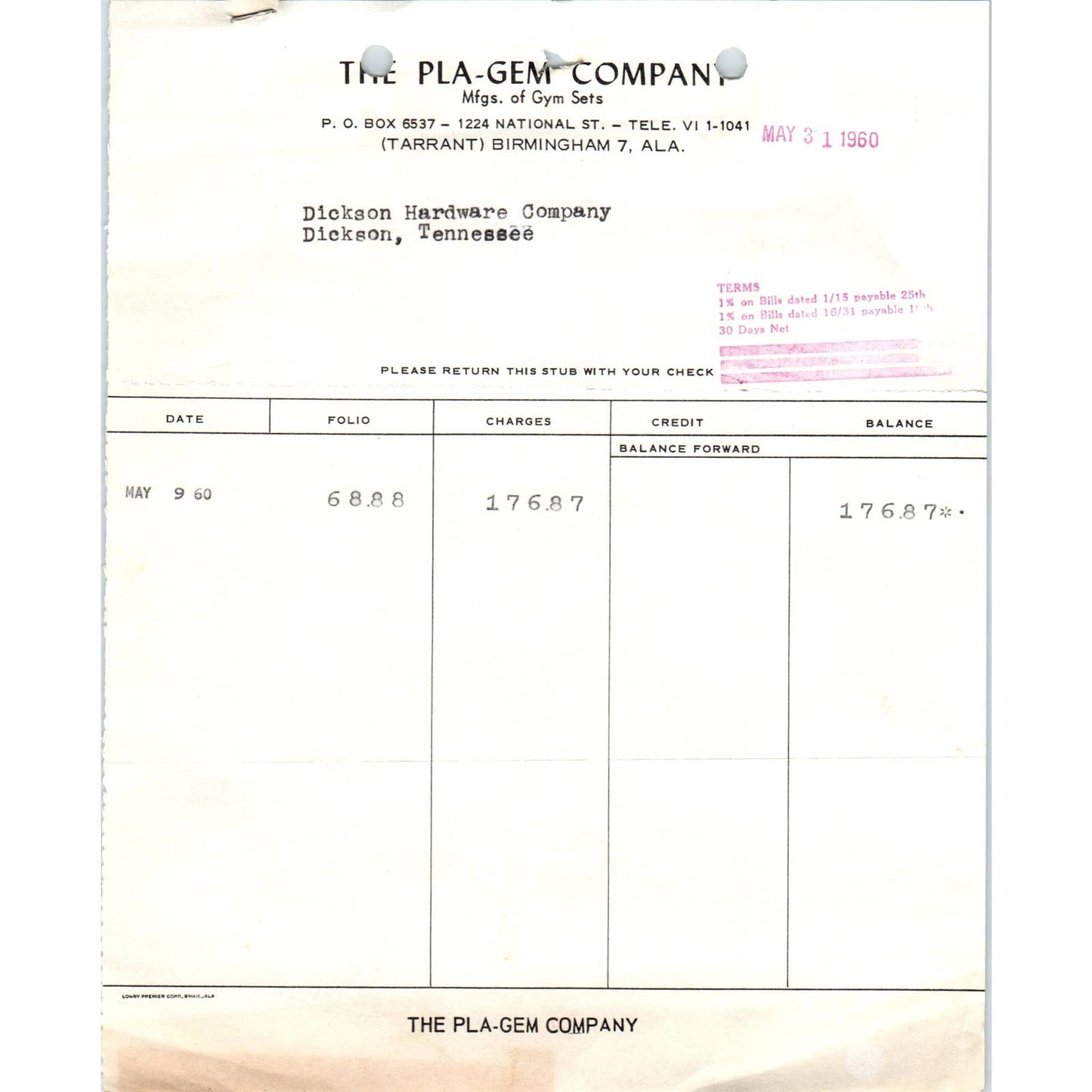 1960 The Pla-Gem Company Billhead Receipt Gym Sets Birmingham AL AD5-1