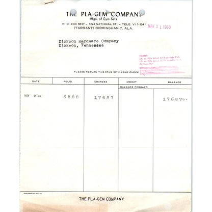 1960 The Pla-Gem Company Billhead Receipt Gym Sets Birmingham AL AD5-1