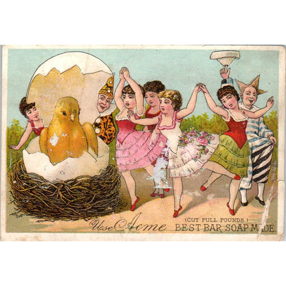 1880s Victorian Trade Card Acme Bar Soap - Clown, Giant Baby Chick in Egg SE3-3