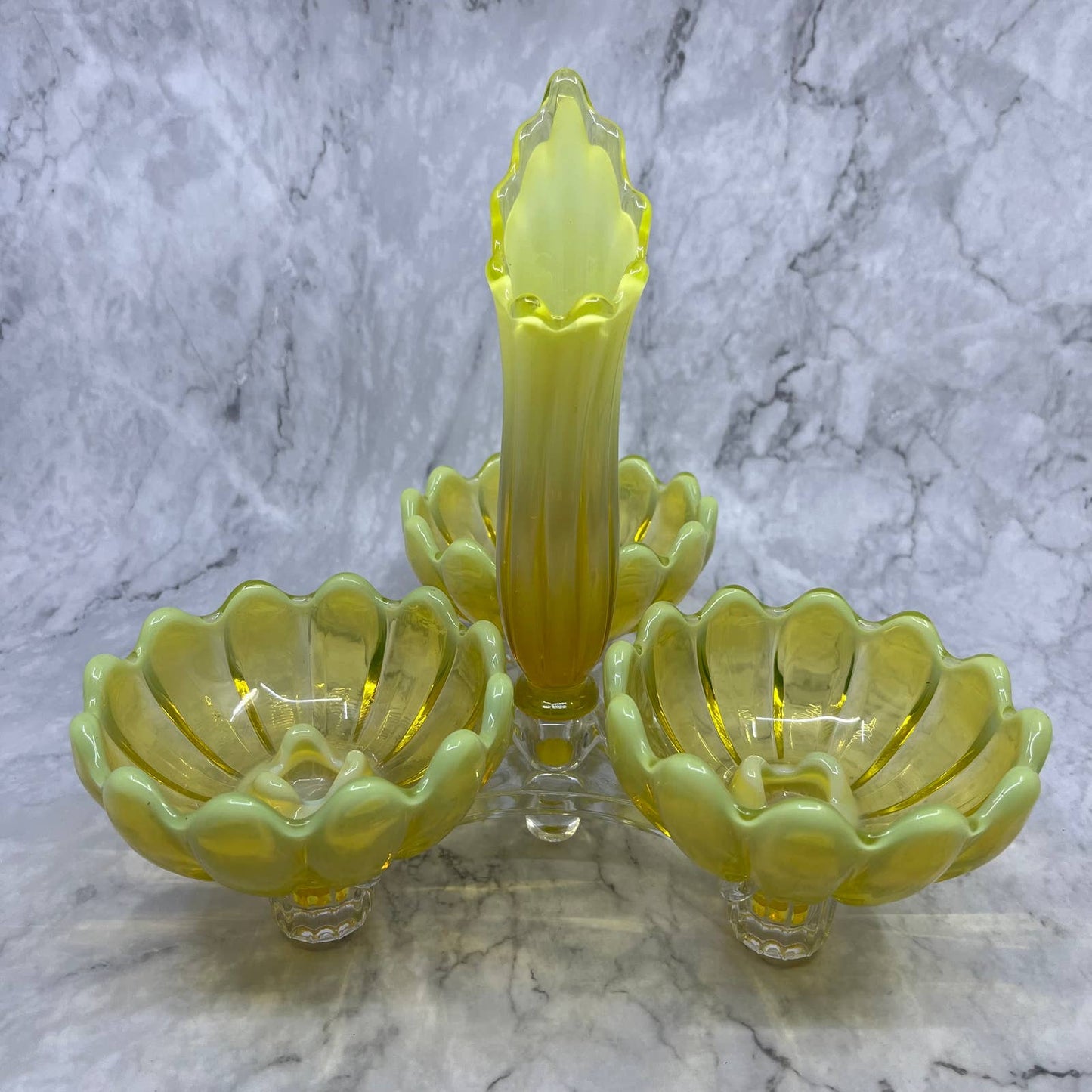 Fostoria Heirloom Opalescent Yellow Vaseline Glass Table Charm Set Glows TA9