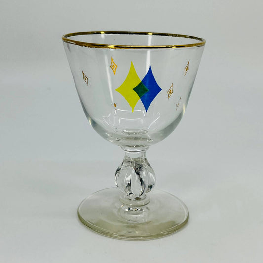 1950s Libbey Atomic Diamond Cordial Champagne Glass Yellow/Blue TD9