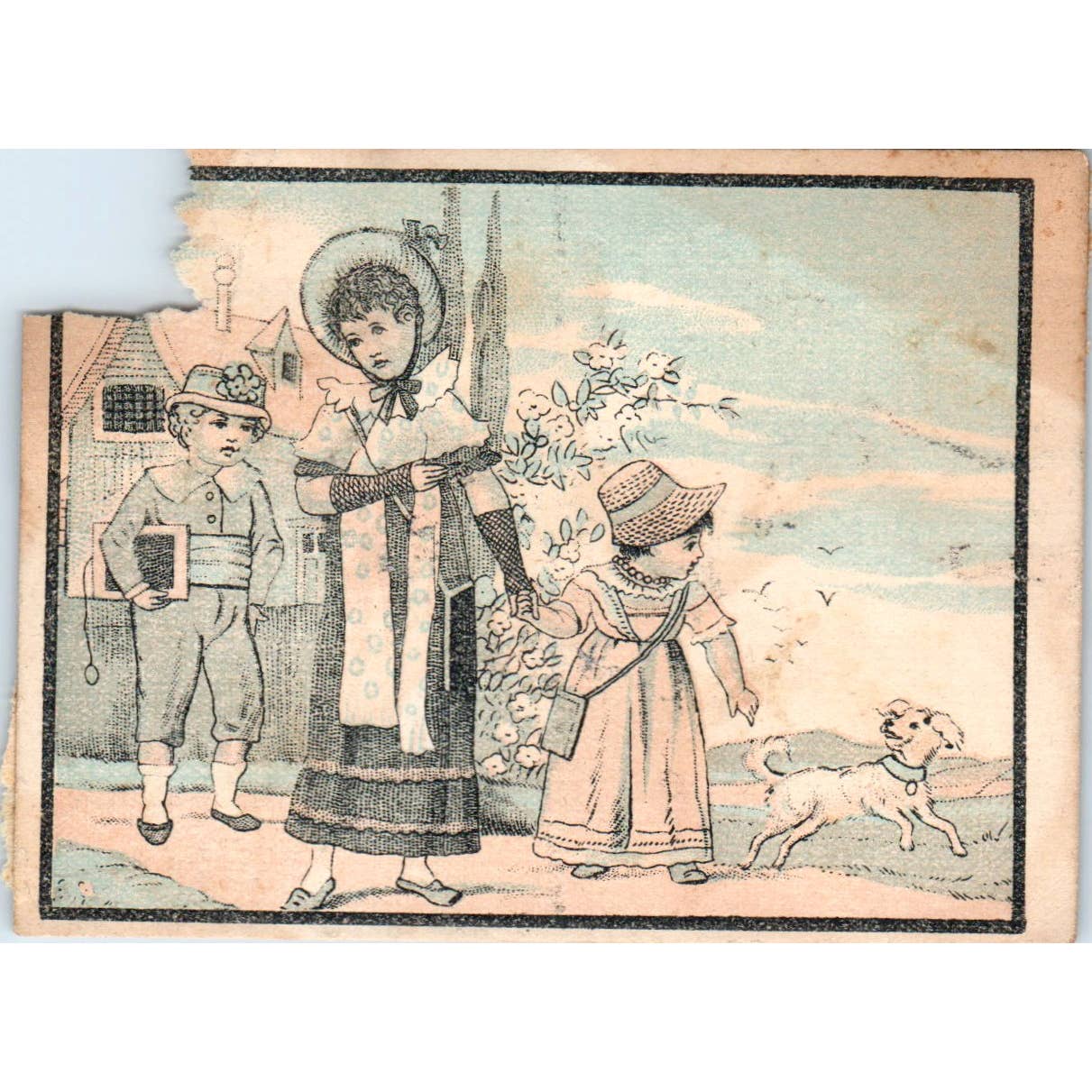 1880s Victorian Trade Card A&P Tea Co. Erie PA School Children & Dog SF2