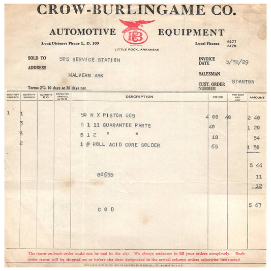 1929 CROW-BURLINGAME CO. Automotive Equipment Order Form Little Rock AR AC9