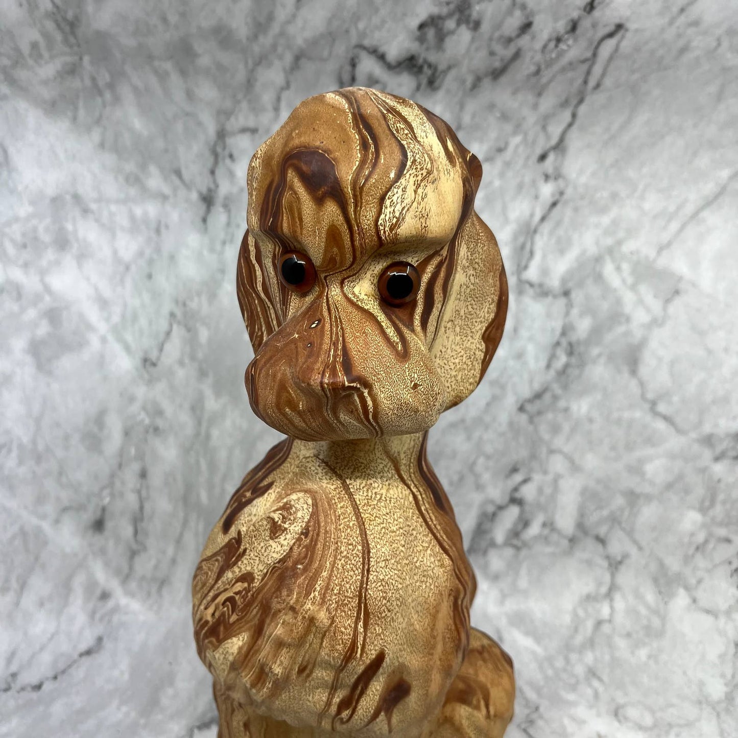 Vintage Pottery Poodle Dog Sculpture 14” Brown Swirl Orange Eyes TJ2-2