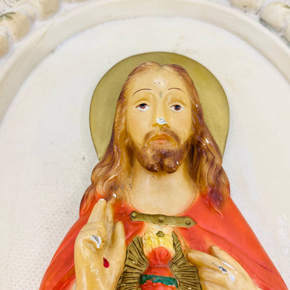 Vintage Immaculate Sacred Heart of Jesus Ornate Chalkware Wall Plaque 9x12 TC3