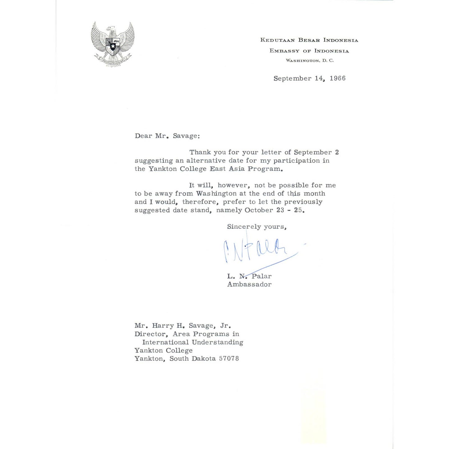 Embassy of Indonesia Official Letterhead Memo L.N. Palar 9/14/66 TK1-P10