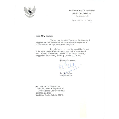 Embassy of Indonesia Official Letterhead Memo L.N. Palar 9/14/66 TK1-P10