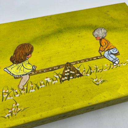 1970s Kitsch Wooden Block Painting Girl & Boy Seesaw Raised Paint 7x12 TG7