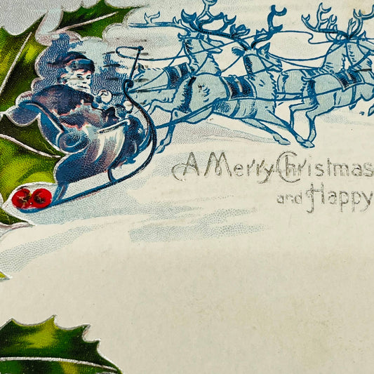 1910s Christmas Post Card Early Santa Reindeer Sleigh Holly Nash Embossed PA4