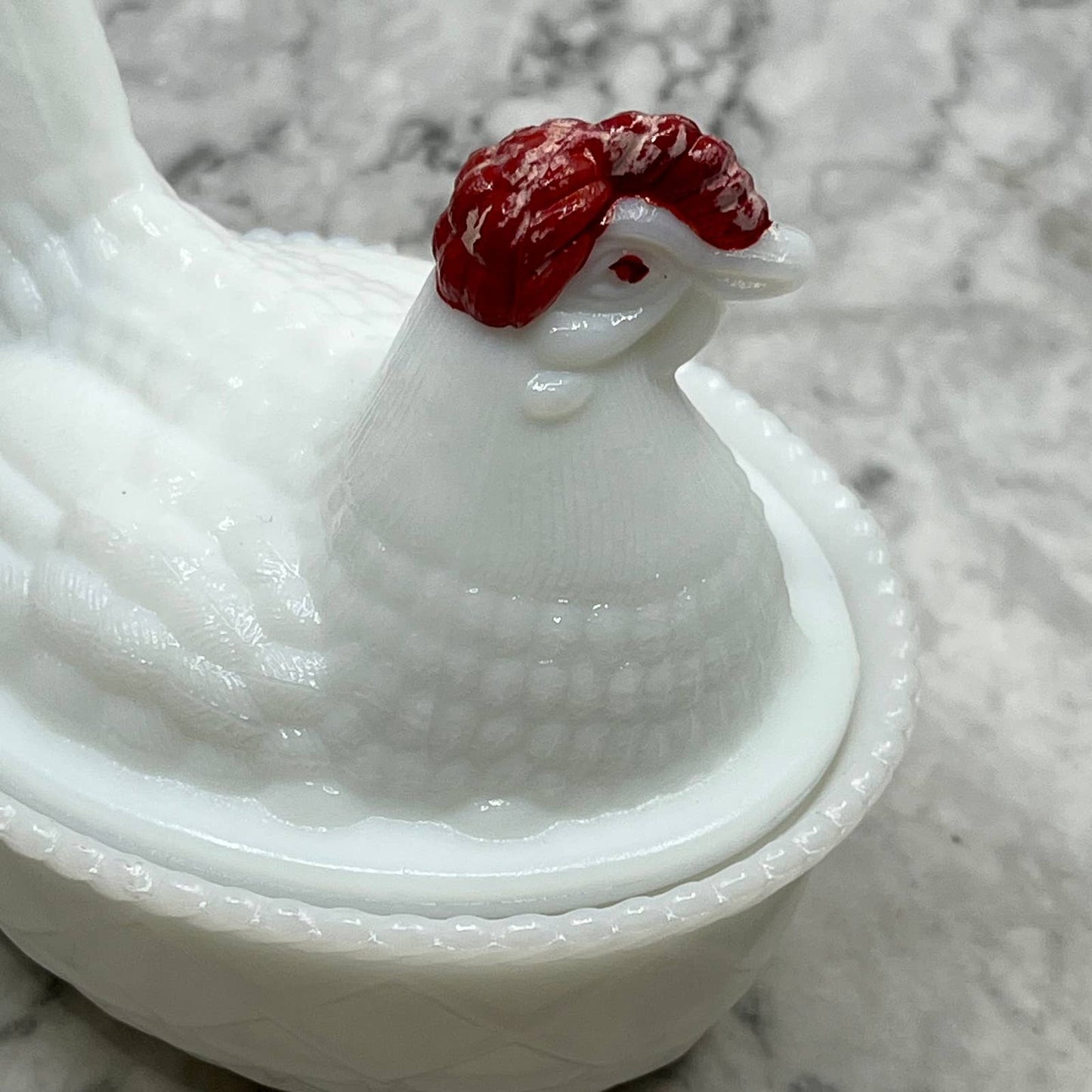 Vtg Hazel Atlas Milk Glass Red On Head Mini Hen On Nest Rooster Dish 4.5” TI1