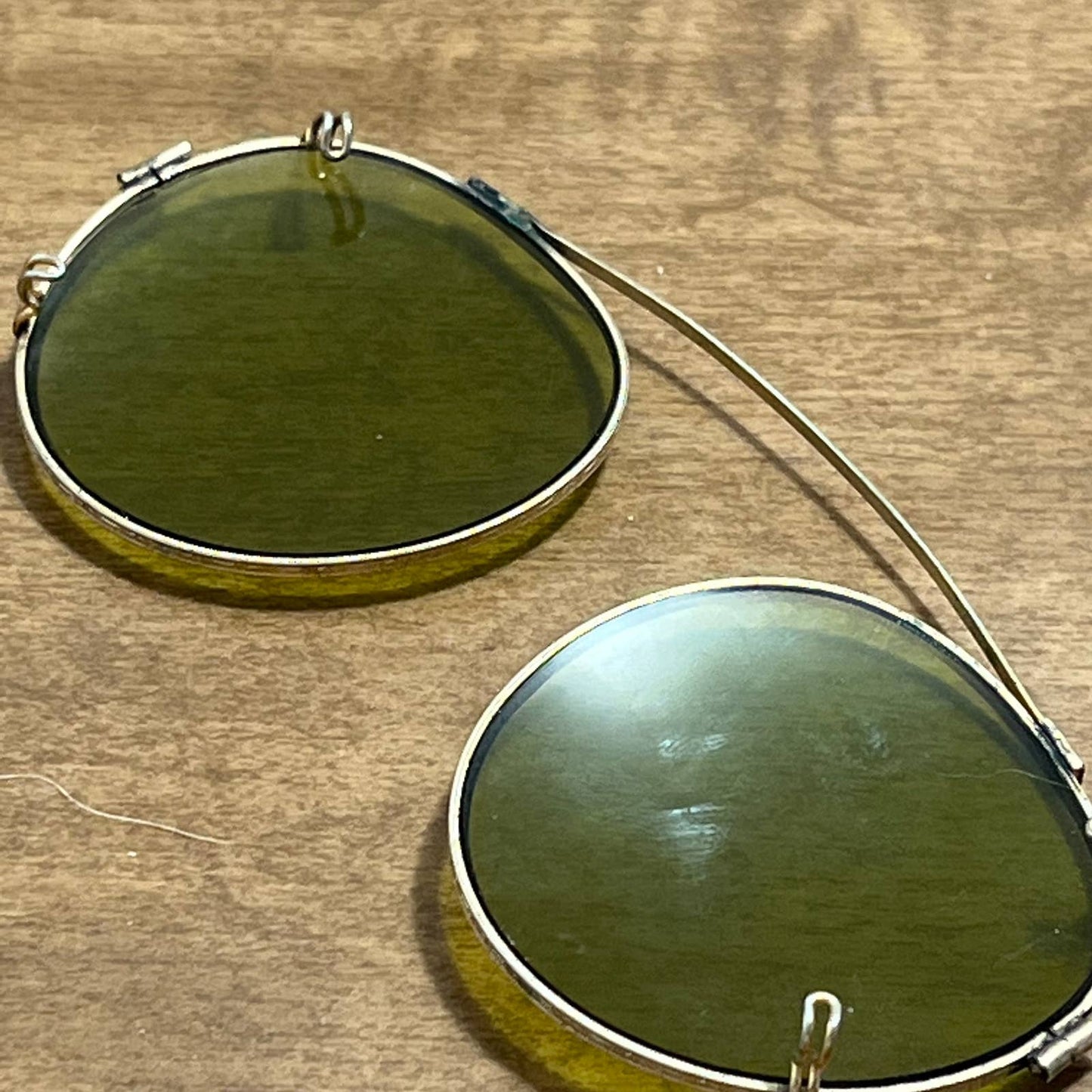 Vintage Art Deco Etched Brass and Olive Green Lens Clip on Sunglasses