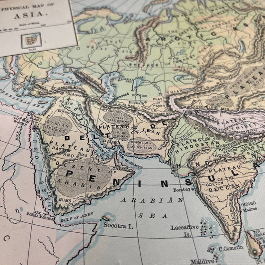 1896 Engraved Tinted Physical Map of Asia 9x12" FL5