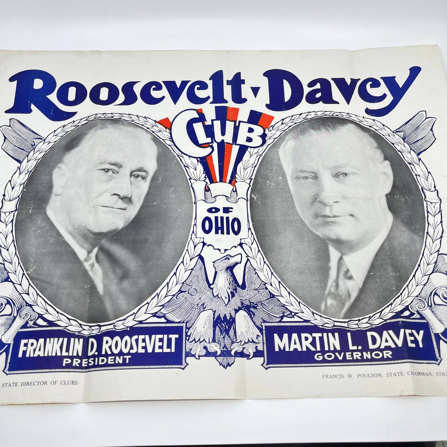 1930s ROOSEVELT DAVEY CLUB OF OHIO POSTER Political Presidential Election TE3