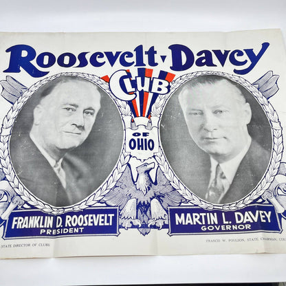 1930s ROOSEVELT DAVEY CLUB OF OHIO POSTER Political Presidential Election TE3