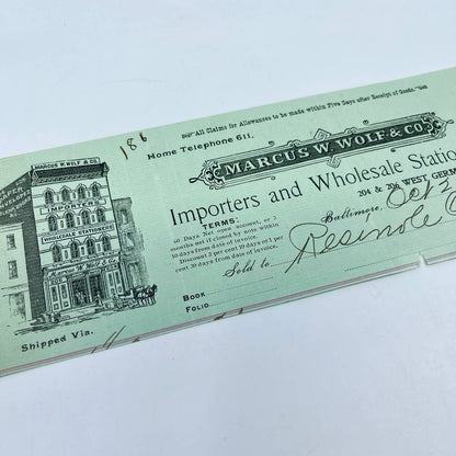 1900 Marcus W. Wolf & Co Importers Billhead West German St. Baltimore MD AA7