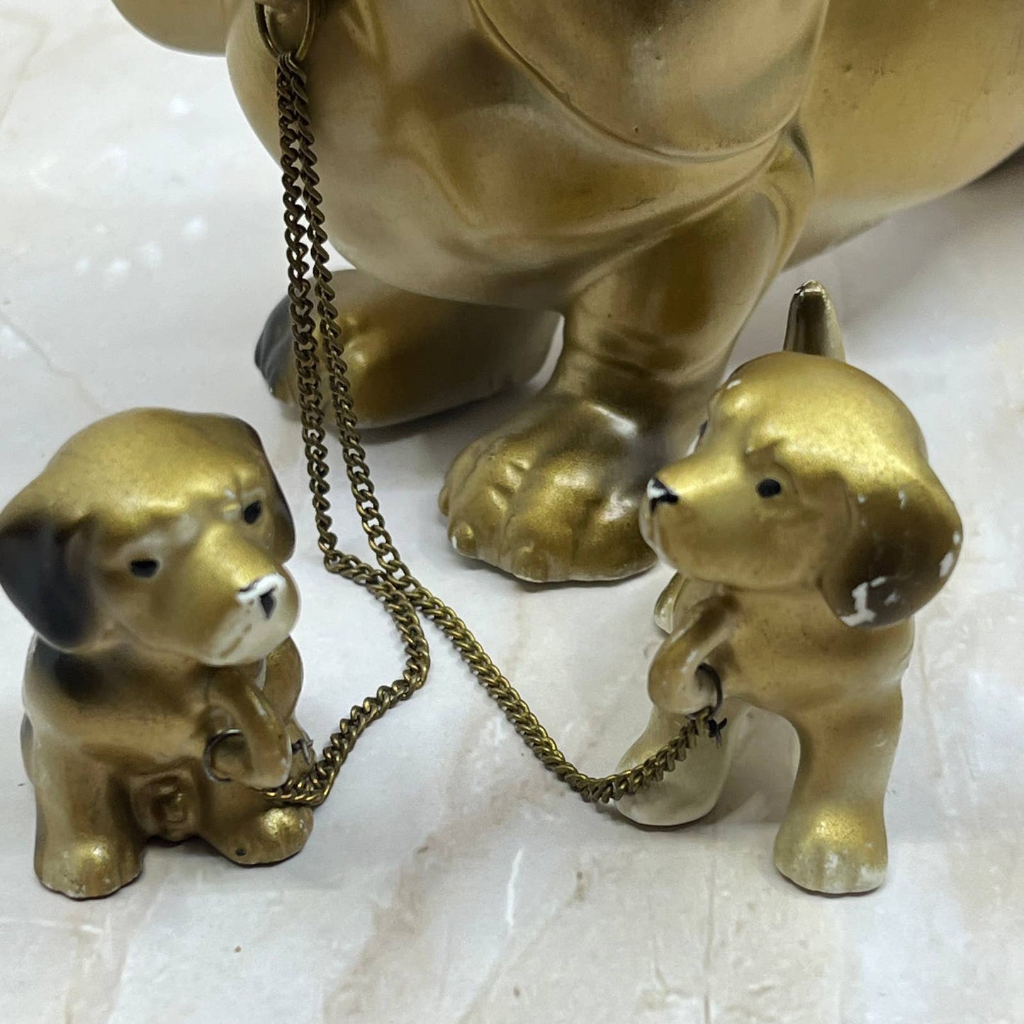Gold Tone Dachshund Bassett Hound Dog Figurine Puppies Chain Porcelain Japan TK2