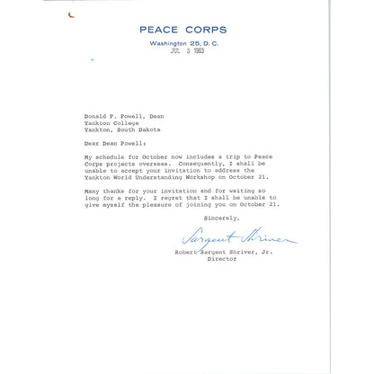 Peace Corps Official Letterhead Signed Robert Sargent Shriver, Jr 1963 TK1-P6