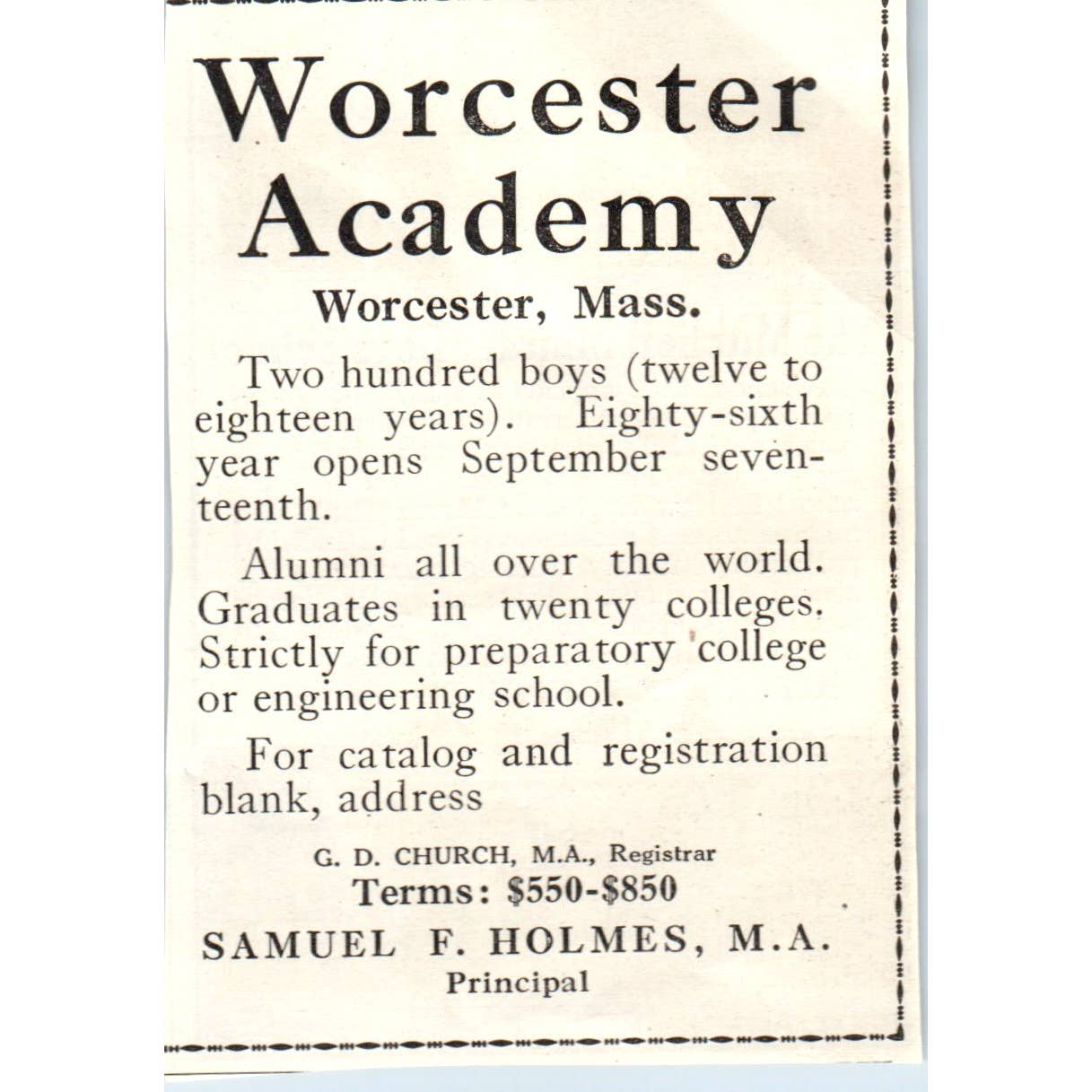 c1920 Harper's Magazine Ad - Worcester Academy Samuel F. Holmes MA EA3