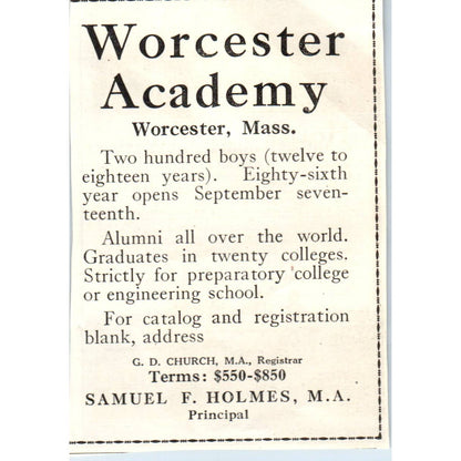 c1920 Harper's Magazine Ad - Worcester Academy Samuel F. Holmes MA EA3