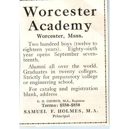 c1920 Harper's Magazine Ad - Worcester Academy Samuel F. Holmes MA EA3