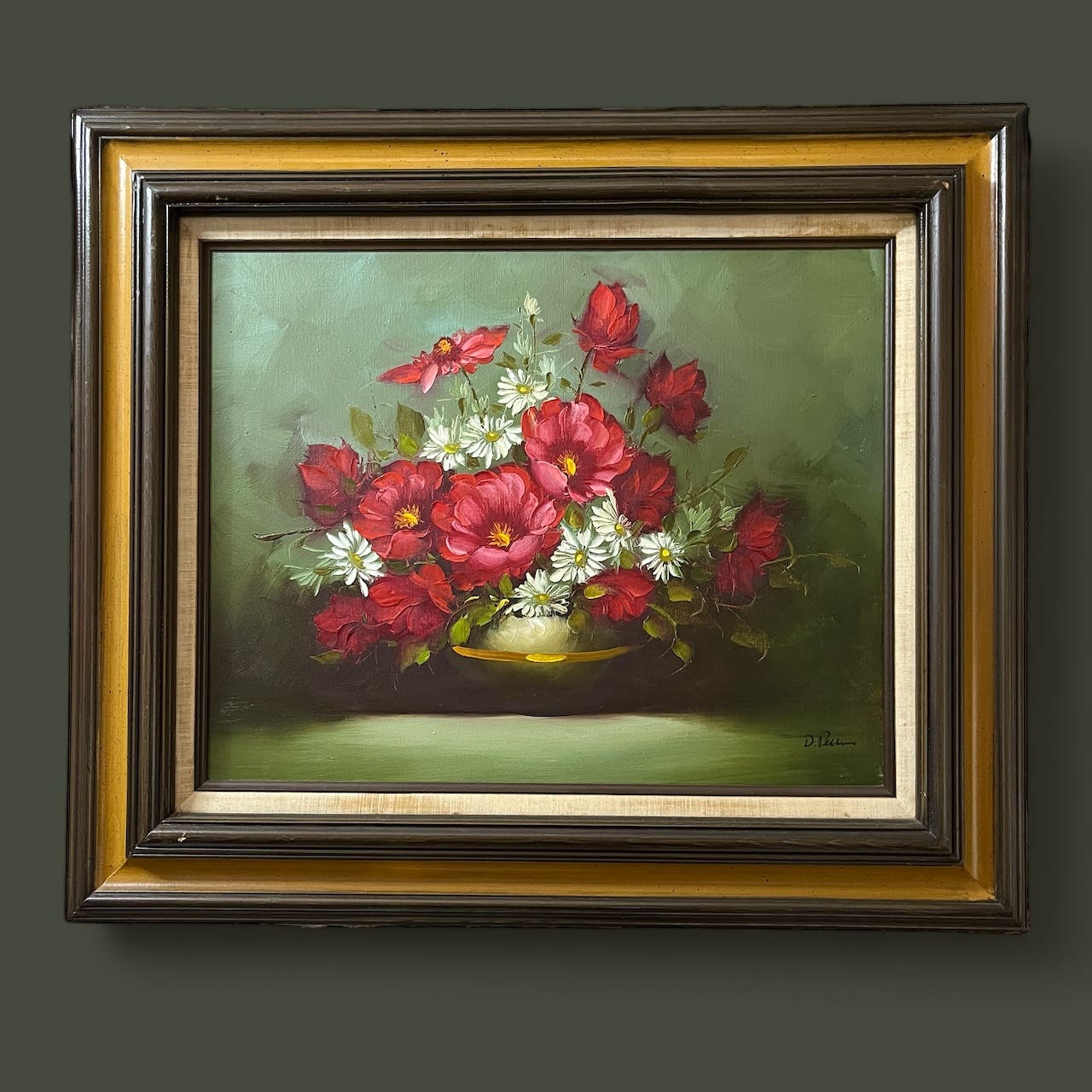 Original Still Life Oil Painting Signed Artist D. Pelham Red Peony & Daisy 28x24