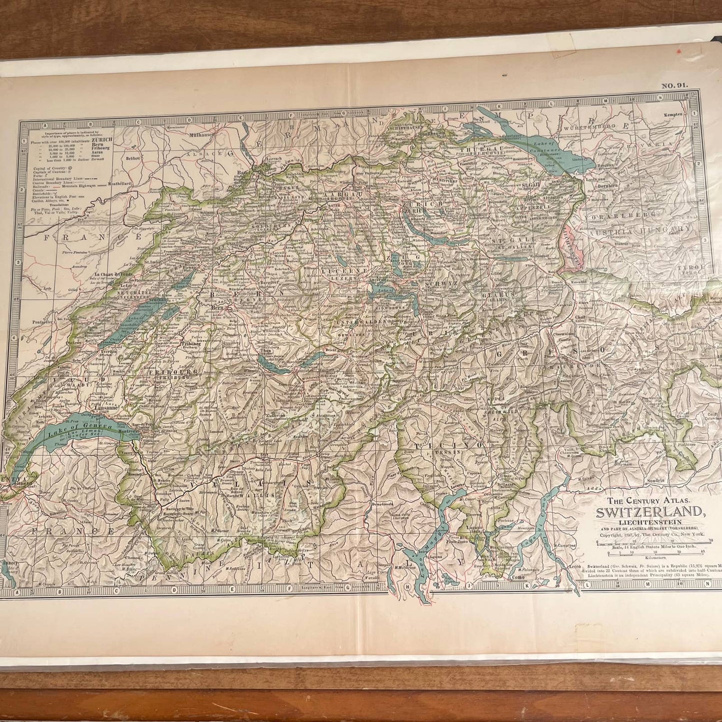 Antique 1897 The Century Atlas Map of SWITZERLAND Color Engraved 12.5 x 17” FL5