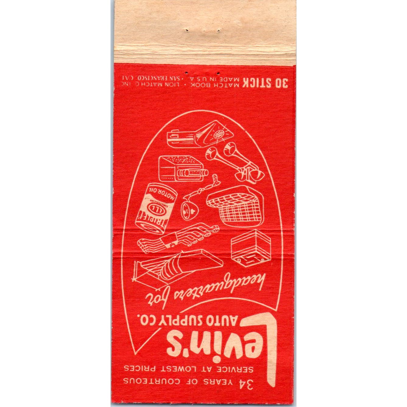 Levin's Auto Supply Co 1954 San Francisco Advertising Matchbook Cover SB3-M7