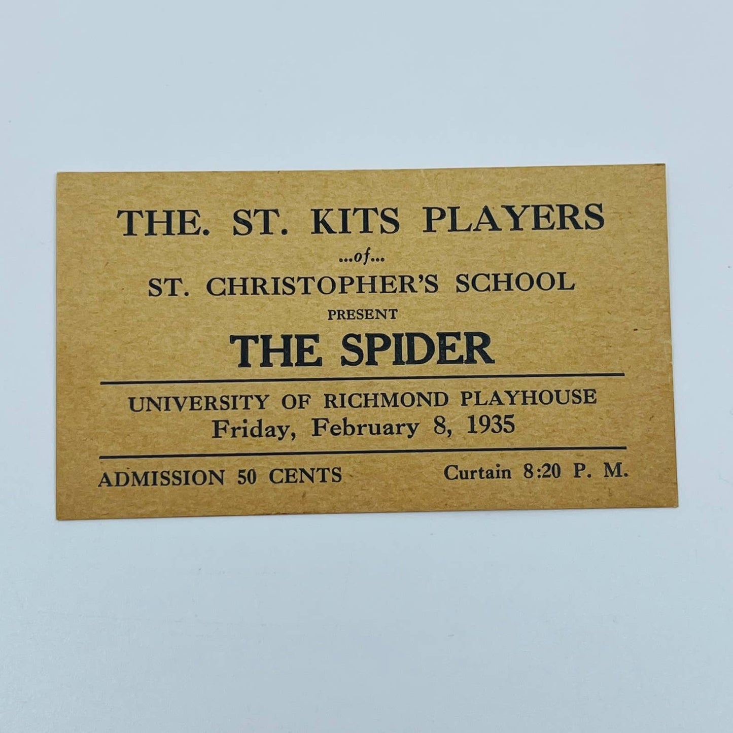 1935 St. Kits Players Ticket THE SPIDER University of Richmond Playhouse SC2