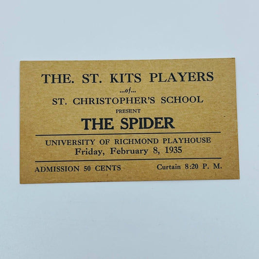 1935 St. Kits Players Ticket THE SPIDER University of Richmond Playhouse SC2