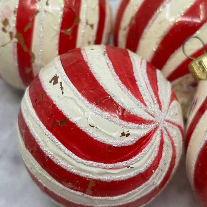 Lot of 4 Candy Cane Striped Mica Stencil Blown Mercury Glass Ornaments OT2