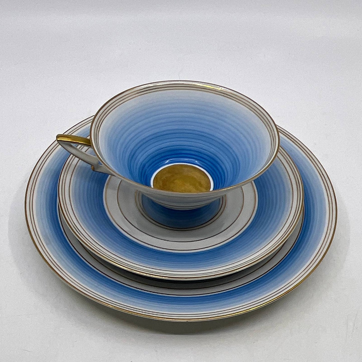 Arzberg Bavaria MCM Blue Concentric Rings Trio Tea Cup Saucer Dessert Plate TI3