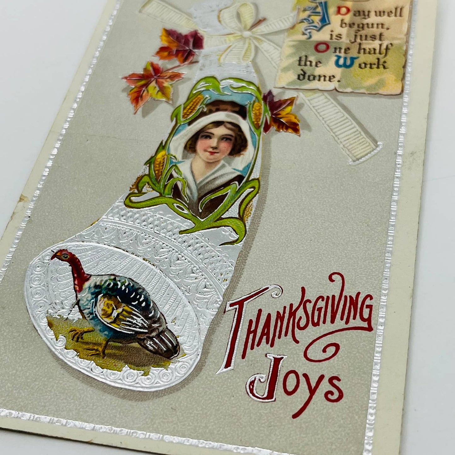 1916 Thanksgiving Post Card Silver Cornucopia Turkey Silver Trim Embossed PA3