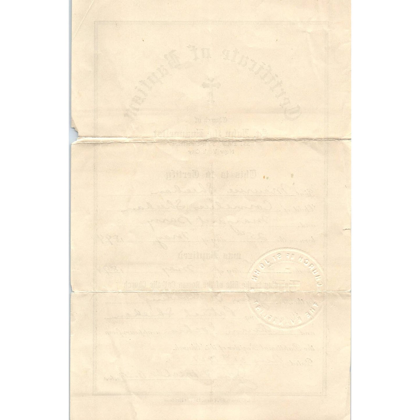 1927 Certificate of Baptism St. John The Evangelist NYC Maurice Sheehan AD4