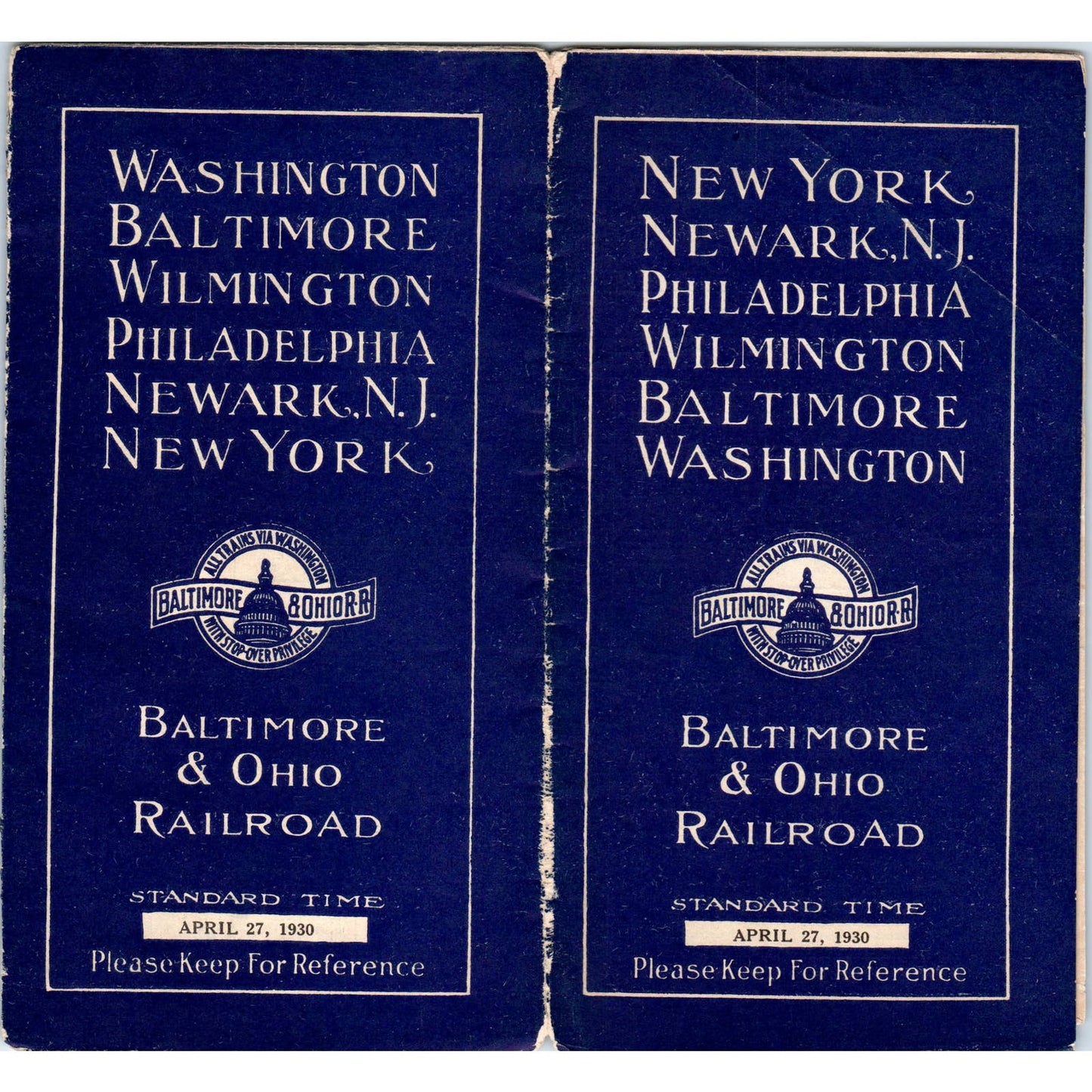 1930 B&O RR NY Newark Philadelphia Wilmington Baltimore Washington Timetable