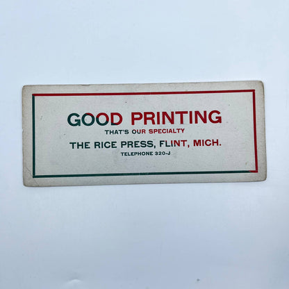 1910s Blotter Card The Rice Press Green & Red Flint MI SC8