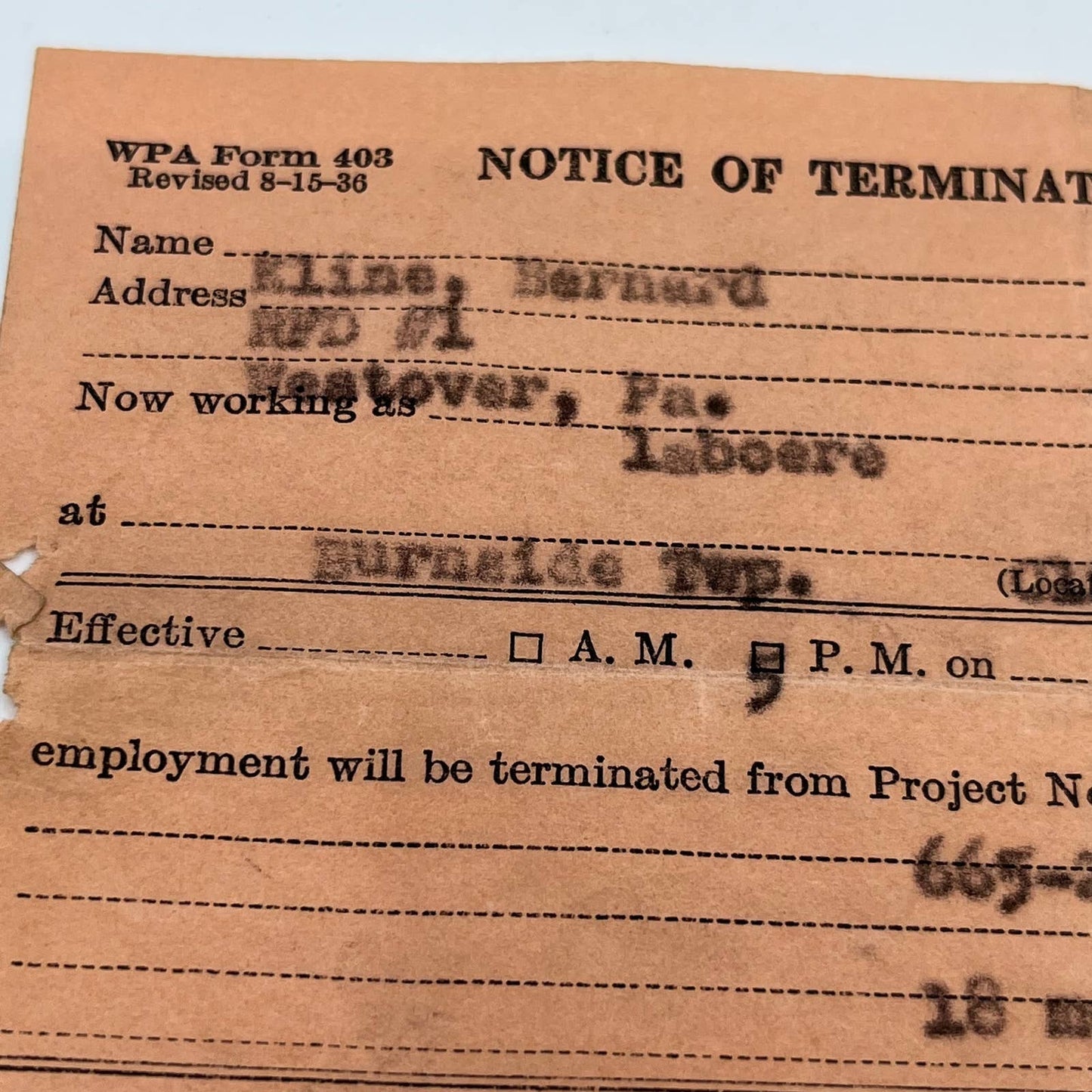 1939 WPA Notice of Termination of Employment Form Westover PA Bernard Klein SC5