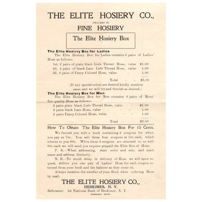 Antique Advertising Leaflet - The Elite Hosiery Co Price List Herkimer NY AD8